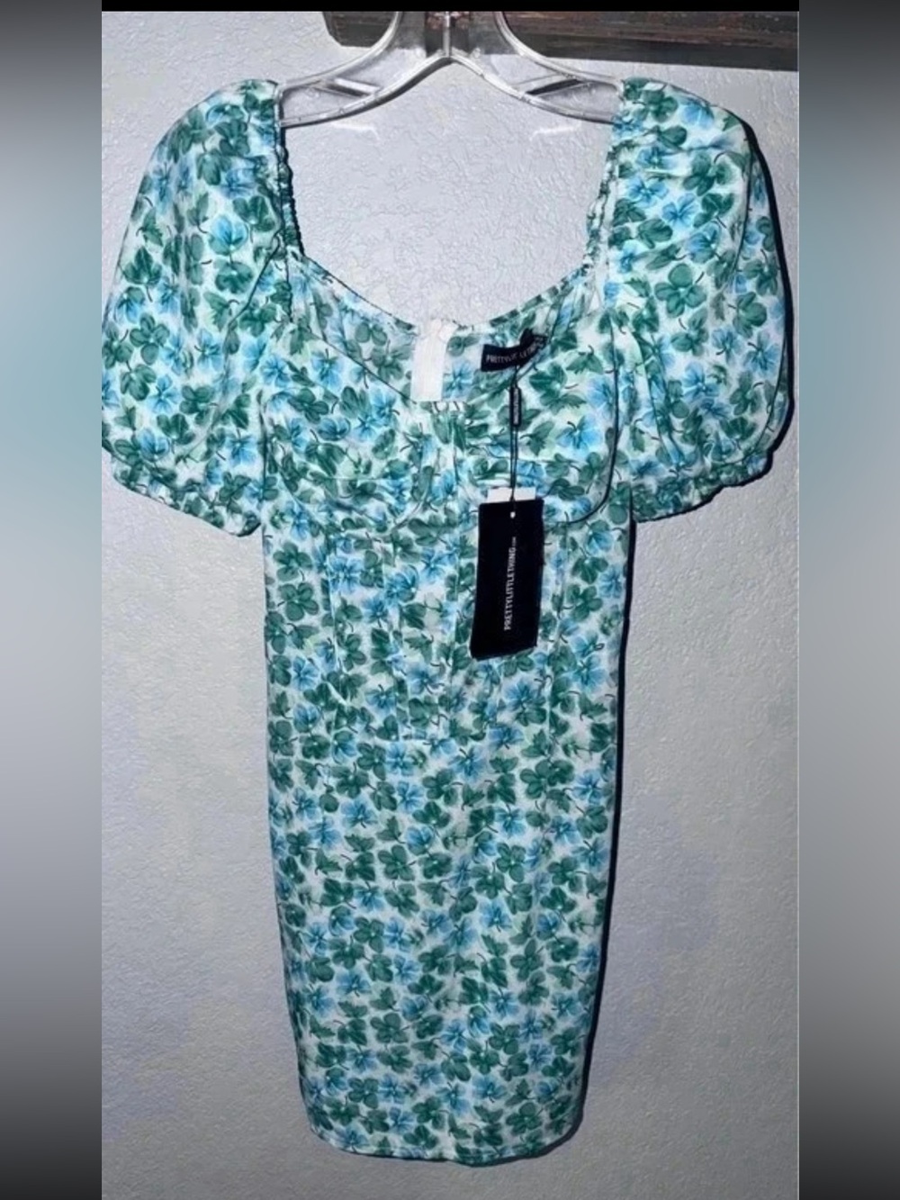 PrettyLittleThing US 6 Corset Green and Blue Floral Bodycon Dress Puff Sleeves